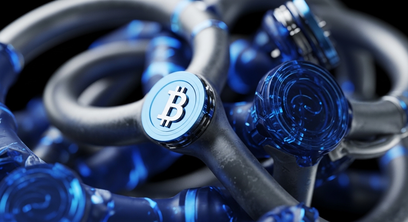 Interconnected metallic segments form a robust blockchain network. A prominent Bitcoin node, marked by its iconic 'B' symbol, signifies a critical point within the decentralized ledger. Translucent blue connectors, with intricate cryptographic link patterns, visually represent data flow and transaction validation across the distributed network. These glowing elements emphasize the underlying consensus mechanism and ledger integrity essential for cryptocurrency operations and block propagation.