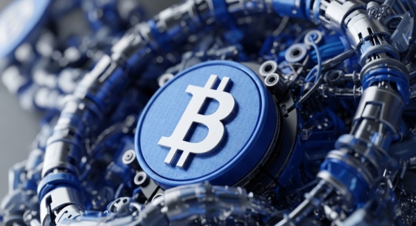 A prominent blue Bitcoin symbol, a digital asset, is centrally positioned amidst a complex array of metallic and blue mechanical components. This intricate hardware infrastructure evokes a high-performance mining rig, indicative of a proof-of-work consensus mechanism. The surrounding elements suggest a robust decentralized network, essential for transaction validation and maintaining the immutable ledger of the blockchain protocol. These components, possibly application-specific integrated circuits ASICs, contribute to the collective hash rate, securing the peer-to-peer network and ensuring cryptographic security for every Bitcoin transaction.