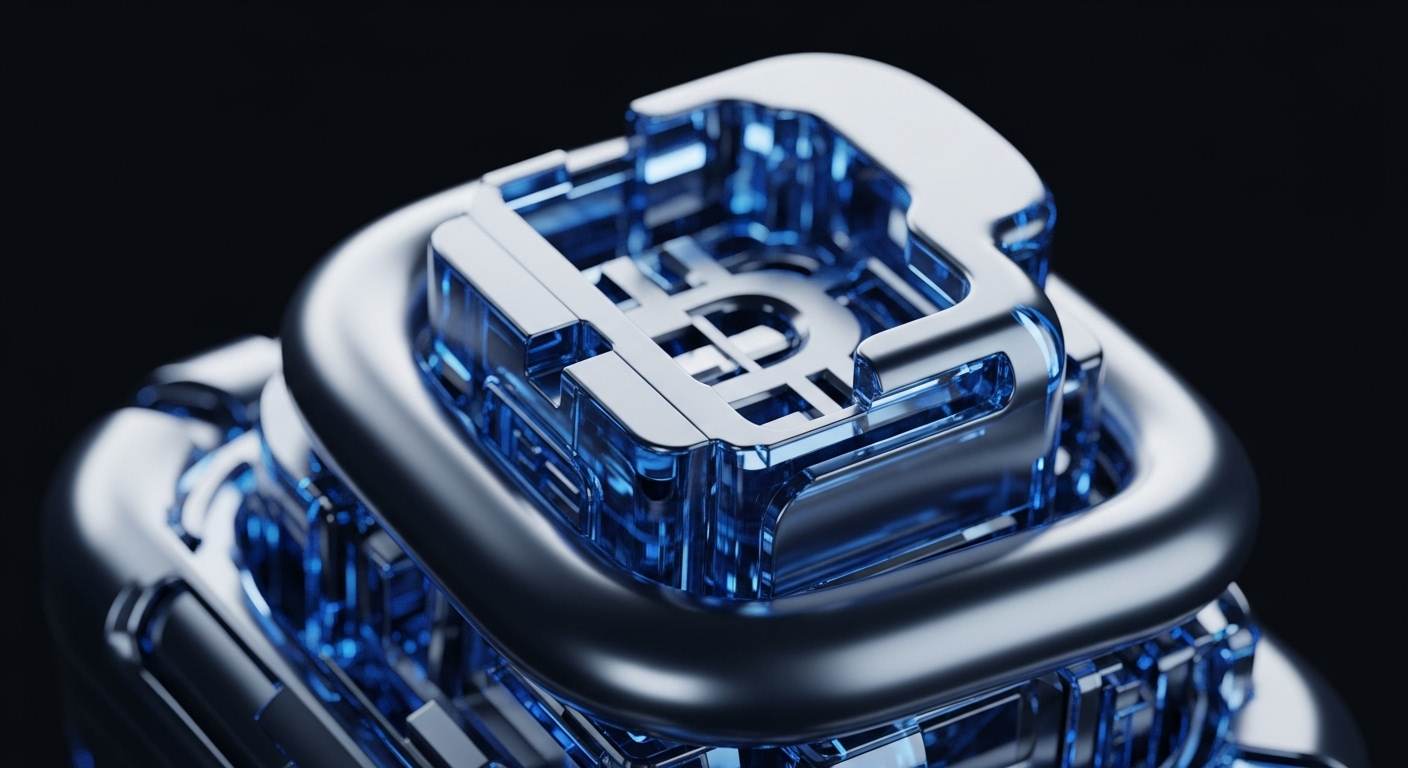 The image displays a macro view of intricate Bitcoin network infrastructure, featuring a prominent digital asset symbol. Gleaming metallic components interlock with translucent blue elements, suggesting internal blockchain mechanisms. The central cryptographic hash symbol, representing Bitcoin, is embedded within a complex mining rig architecture. This visualization emphasizes the underlying decentralized ledger technology and algorithmic security inherent in Proof-of-Work transaction validation. The glowing blue signifies active on-chain data processing within a distributed network protocol.