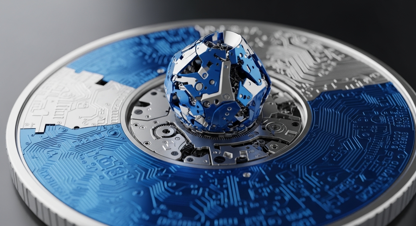 A detailed close-up reveals a circular metallic object featuring circuit board designs in silver and blue. At its center, intricate gears support a fragmented, blue and silver sphere