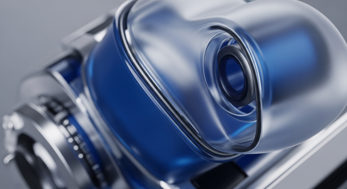 A close-up view reveals a high-tech device with a prominent translucent, frosted blue-grey component covering a vibrant deep blue core. Metallic silver elements with intricate details and a dark circular ring are visible, suggesting a complex internal mechanism