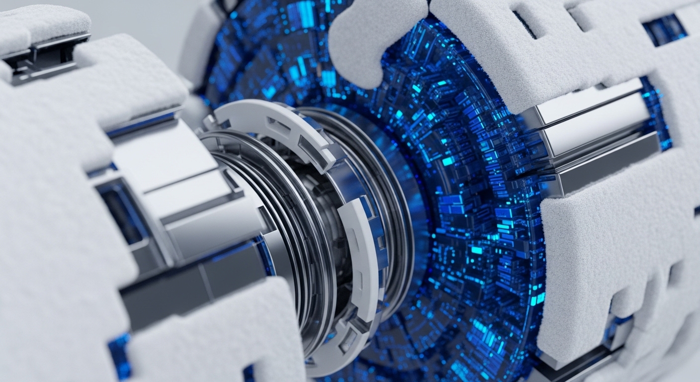 A close-up view shows a complex cylindrical structure with a bright blue, digitally patterned core. This core is surrounded by white, textured material and sleek silver metallic elements, creating an advanced technological aesthetic