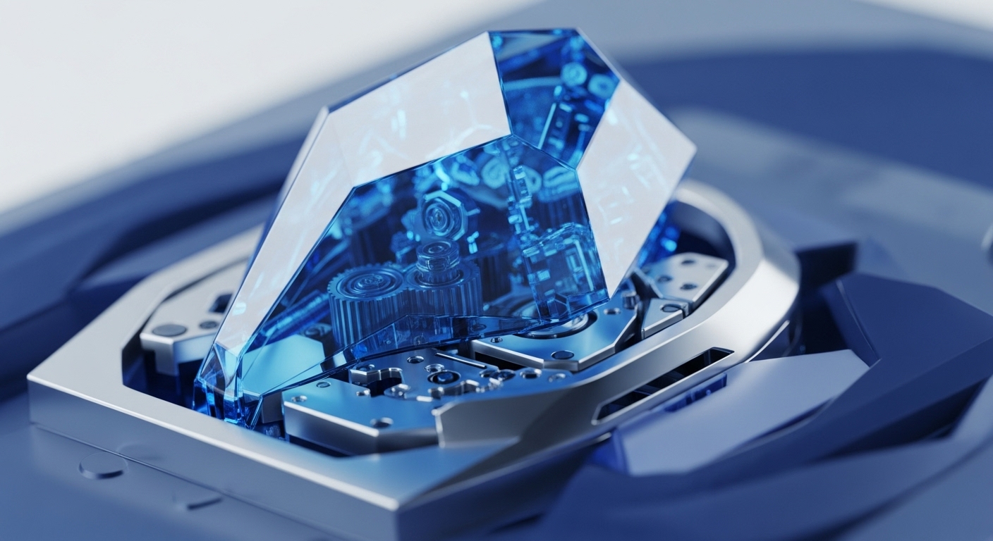 A futuristic, multi-faceted blue crystal housing intricate mechanical components is prominently displayed within a sleek metallic frame, embedded in a deep blue technological apparatus. This sophisticated assembly visually interprets the complex inner workings of blockchain architecture