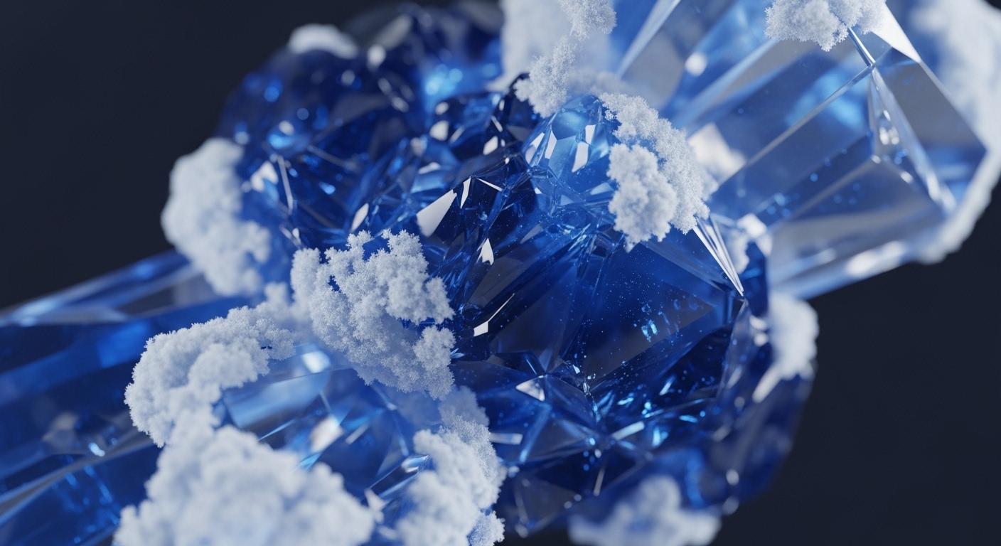 Blue faceted crystals, resembling intricate ice formations, are partially covered in white, powdery frost. This visual metaphor illustrates the complex blockchain architecture, where each facet represents a validated block containing immutable records. The frost signifies robust cryptographic security layers protecting digital assets in cold storage. The formation's resilience reflects robust consensus mechanisms ensuring transaction finality and data integrity across a distributed ledger technology network. This imagery evokes the secure, yet complex, nature of decentralized finance protocols and asset tokenization.