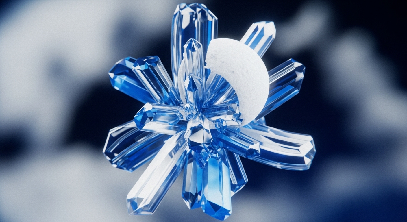 A striking composition features a central cluster of sharp, faceted blue and clear crystals, radiating outwards, with a textured white crescent element attached to one side. The background is a blurred, dark blue with ethereal lighter wisps