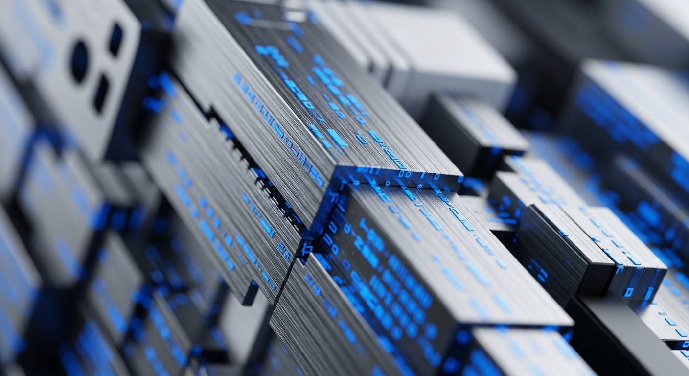 The image displays a close-up perspective of numerous metallic, rectangular modules arranged in a complex, interconnected grid. These modules are illuminated by vibrant blue digital characters and patterns, suggesting active data processing