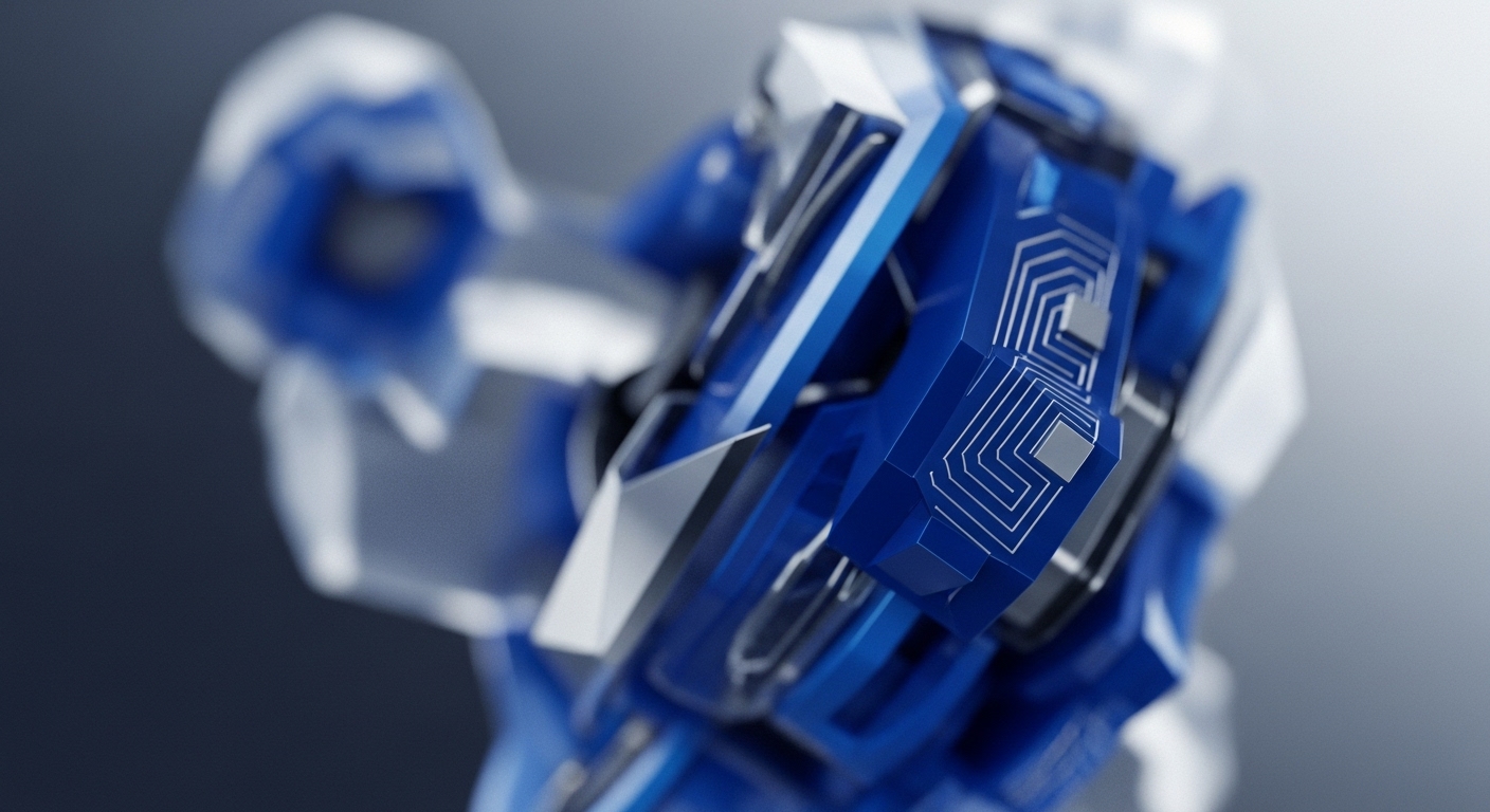 The image showcases a detailed abstract composition of interconnected blue and white geometric forms, featuring sharp angles and reflective surfaces. Intricate white patterns resembling circuit board schematics are etched onto the central blue components, suggesting advanced technological infrastructure