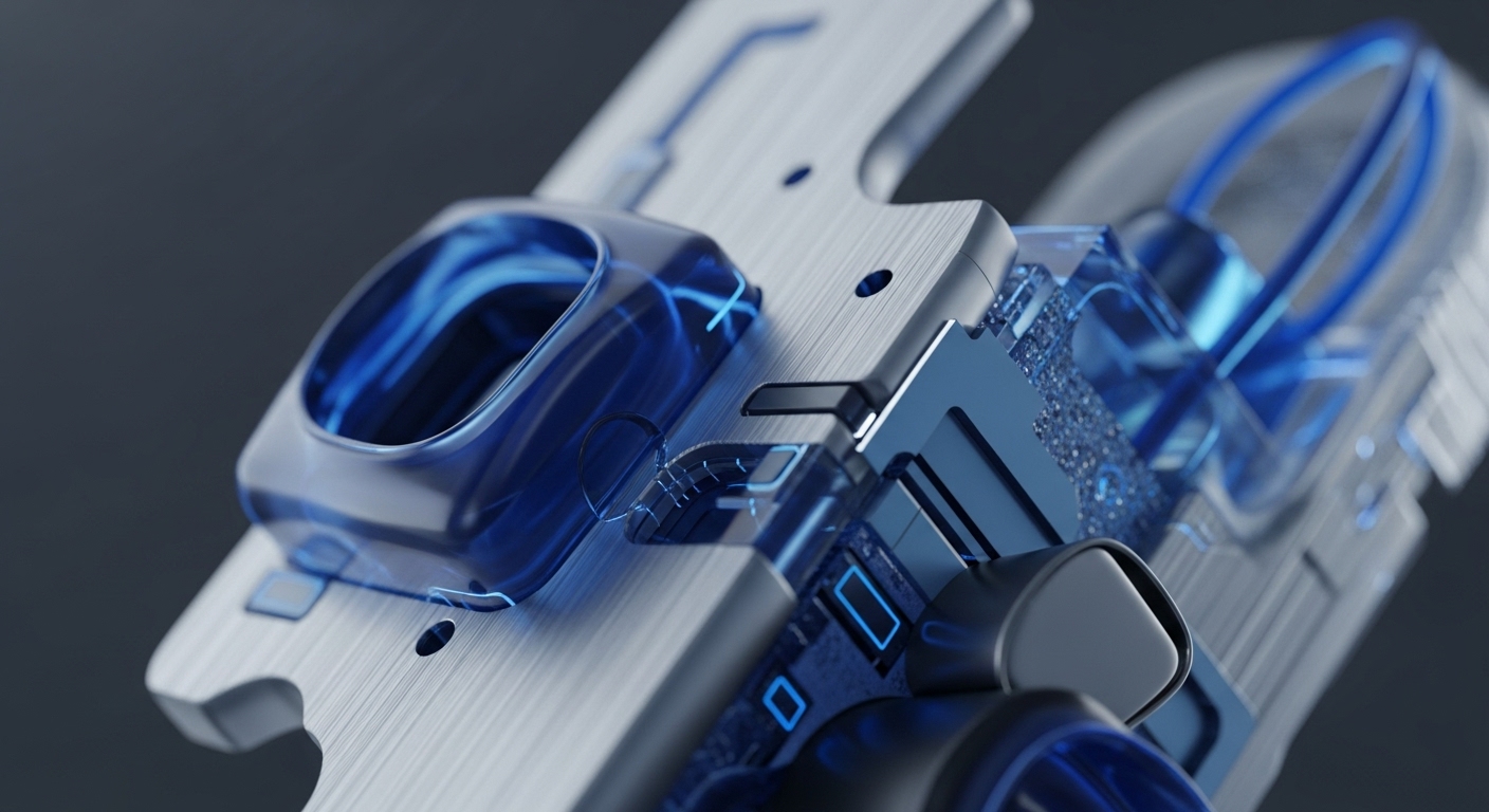 The close-up view showcases a high-tech assembly of brushed metallic and translucent blue components, revealing intricate internal structures and glowing blue energy flows. Darker, robust elements provide structural integrity, suggesting a complex, interconnected system