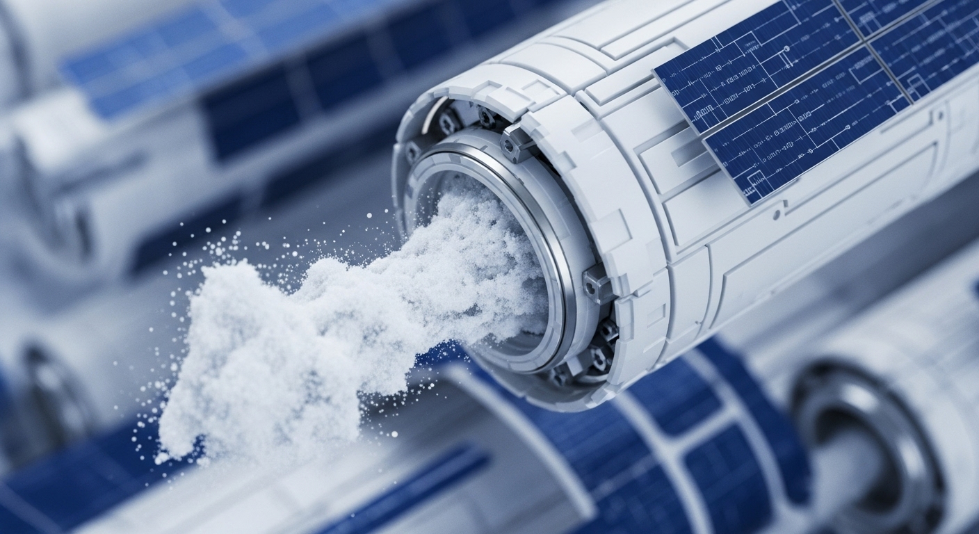 A striking visual depicts modular cylindrical structures, each adorned with blue, circuit-patterned panels, suggesting advanced technological components. From one central unit, a cloud of fine white particulate material erupts dynamically, creating a compelling focal point