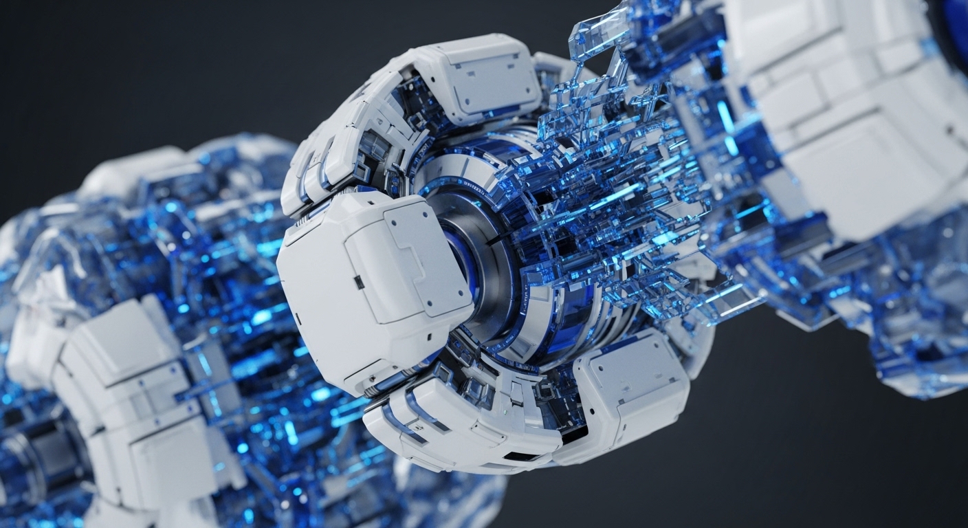 A highly detailed, futuristic mechanical structure dominates the frame, showcasing pristine white outer plating and an intricate network of glowing blue translucent internal components. The central element features a complex circular mechanism, surrounded by precisely articulated segments that extend into a larger system