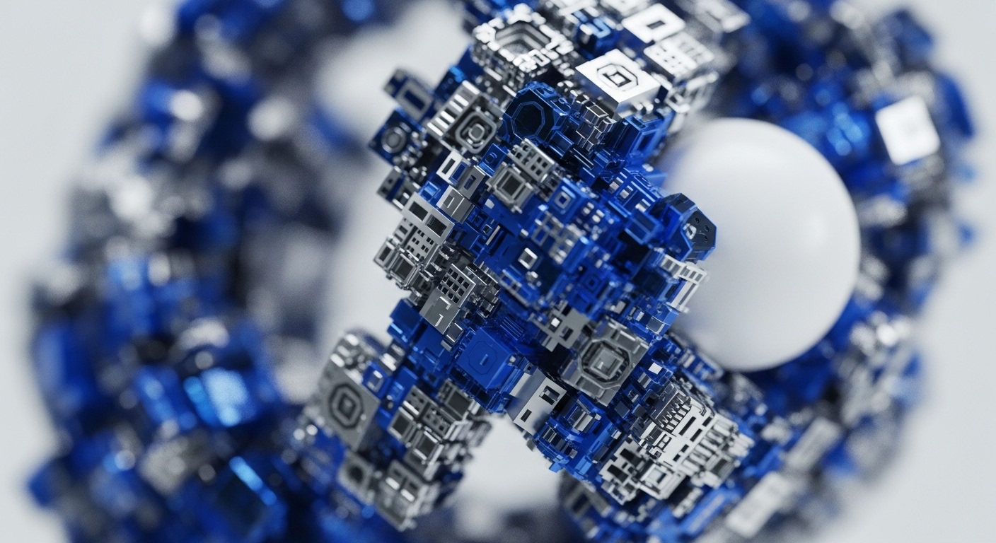 The image presents a highly detailed, abstract representation of a toroidal object, constructed from numerous interlocking, metallic-looking components in shades of reflective blue and silver. A smooth, white spherical object is centrally embedded within this complex, gear-like structure