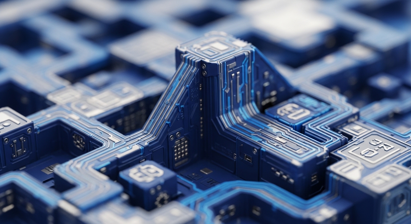 A detailed, close-up perspective showcases an intricate, three-dimensional digital network, characterized by deep blue structural components and glowing electric blue pathways. Elevated blocks and interconnected channels form a complex system, suggesting advanced data processing and communication
