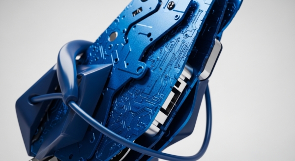 A detailed view captures the intricate blue metallic structure, revealing etched circuit board patterns symbolizing complex blockchain architecture. Precision-engineered components, including screws and metallic interfaces, highlight robust protocol layer implementation. A smooth blue conduit seamlessly integrates, representing interoperability within a decentralized autonomous organization DAO framework. This close-up emphasizes the underlying consensus mechanisms and smart contract logic driving advanced digital asset infrastructure, showcasing the meticulous design behind cryptographic systems.