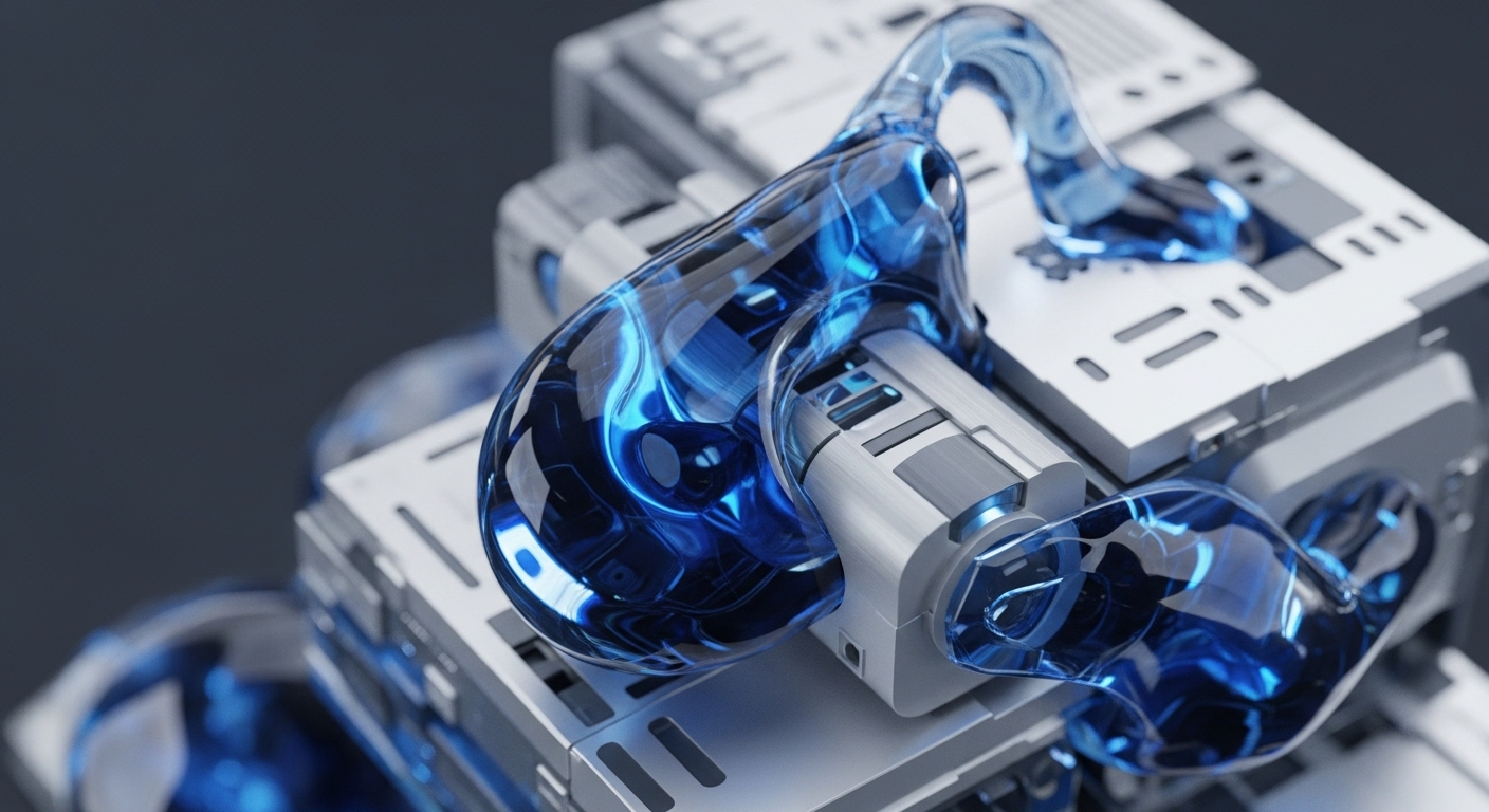 A detailed view presents interconnected modular components, featuring a vibrant blue, translucent substance flowing through channels. This intricate system visually represents advanced blockchain architecture, where on-chain data flow and digital asset transfer are dynamically managed across a decentralized ledger