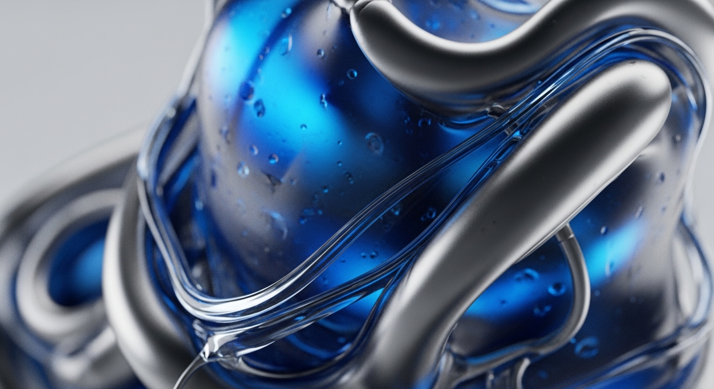 Abstract forms depict a complex interplay of translucent blue elements, reminiscent of a dynamic liquidity pool or data stream, encased and interwoven with reflective silver structures. Visible droplets suggest gas fees or granular transactional data within a decentralized ledger. The metallic components symbolize robust blockchain architecture and validator nodes, facilitating secure network protocols. This visual metaphor encapsulates cryptographic primitives and scalability solutions, illustrating the intricate interoperability essential for advanced DeFi protocols and digital asset management within a distributed network environment.