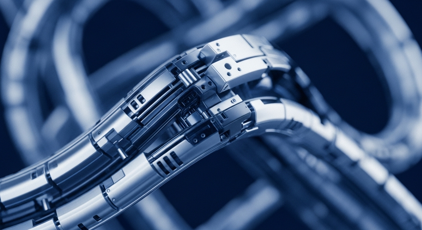 Metallic, segmented, tubular structures are intricately interlocked, forming a complex, interwoven system in a close-up view. Polished surfaces reflect light, creating a sense of depth and advanced engineering against a blurred, dark blue background