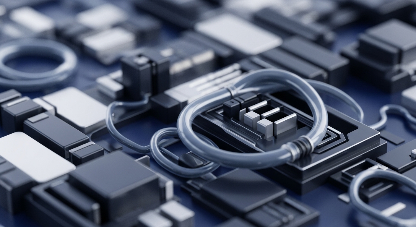 A close-up view reveals an intricate network of dark grey and white abstract electronic components interconnected by translucent blue conduits on a deep blue substrate. This visual metaphor represents complex blockchain architecture, illustrating node synchronization and transaction validation within a decentralized network. The pathways symbolize interoperability protocols facilitating cross-chain communication and data integrity. These elements are crucial for robust Web3 infrastructure, enabling efficient smart contract execution and scalable distributed ledger technology operations, underpinned by cryptographic primitives for secure digital asset management.