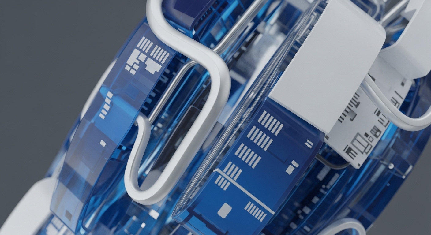 The image displays an intricate network of translucent blue blocks interwoven with white, winding structural elements against a neutral grey background. Detailed white patterns resembling circuit traces are visible on both the blue and white components, suggesting complex internal mechanisms