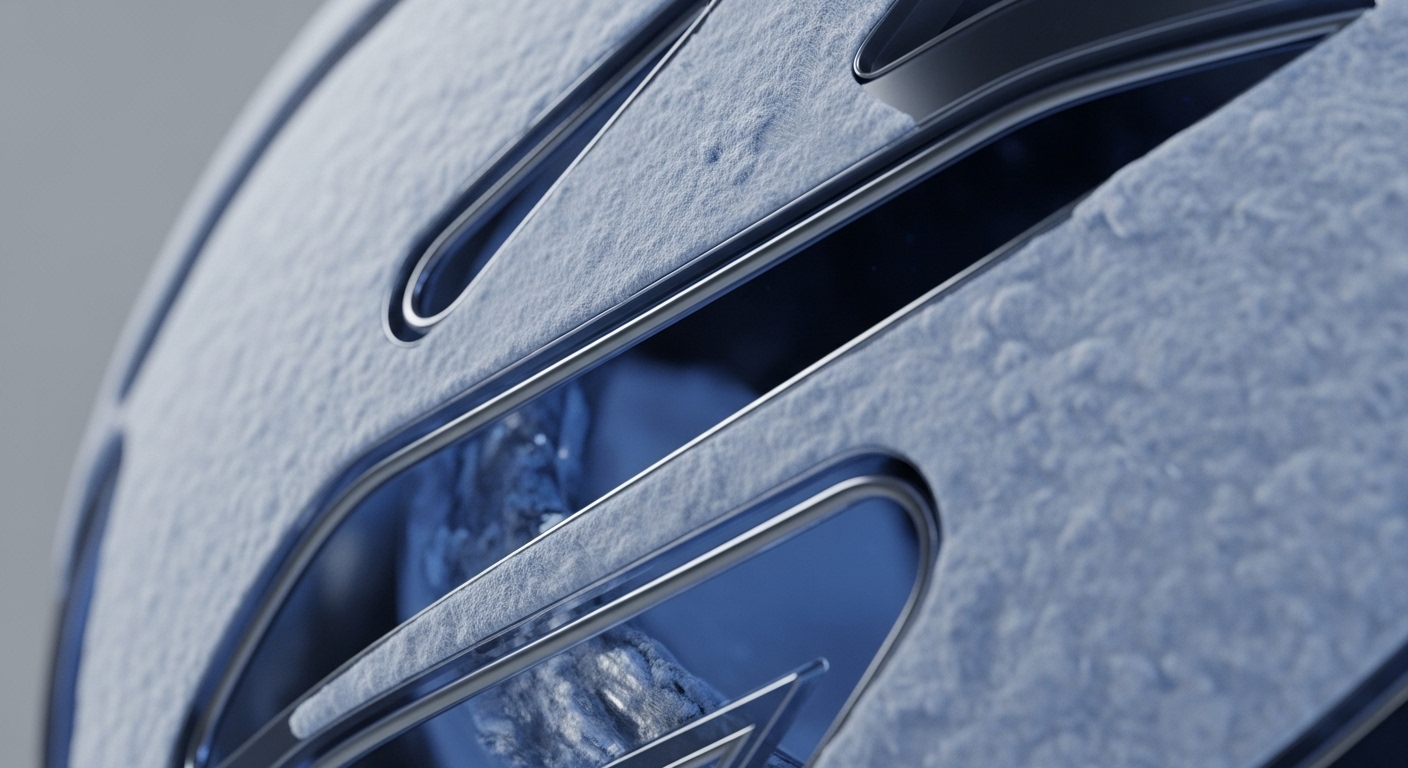 A close-up view features a textured, light blue surface with intricate, angular metallic channels. Through these polished openings, a deeper blue, reflective substance is visible, suggesting an underlying dynamic element