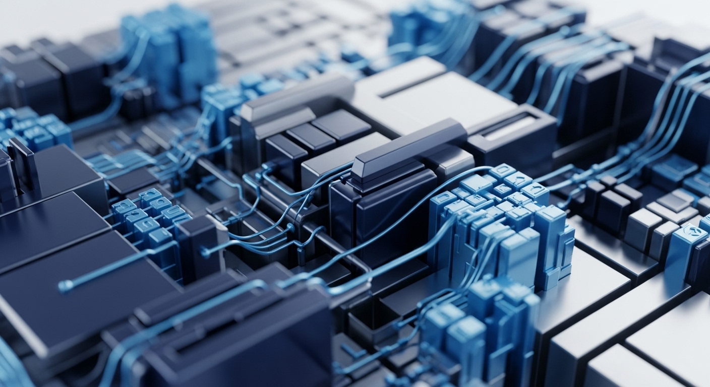 The image displays a detailed, close-up perspective of a sophisticated modular system, characterized by dark metallic blocks and vibrant blue connecting lines. Various components, some appearing as processing units and others as data transfer pathways, are intricately arranged across the surface