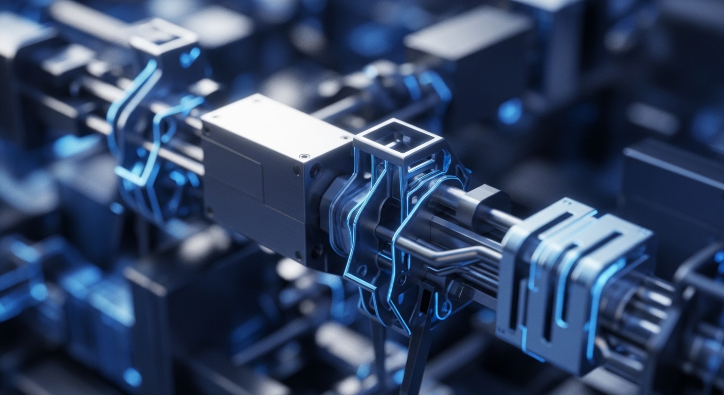 A close-up view reveals complex metallic machinery with glowing blue internal pathways and connections, set against a blurred dark background. The central focus is on a highly detailed, multi-part component featuring various tubes and structural elements, suggesting a sophisticated operational core for high-performance computing