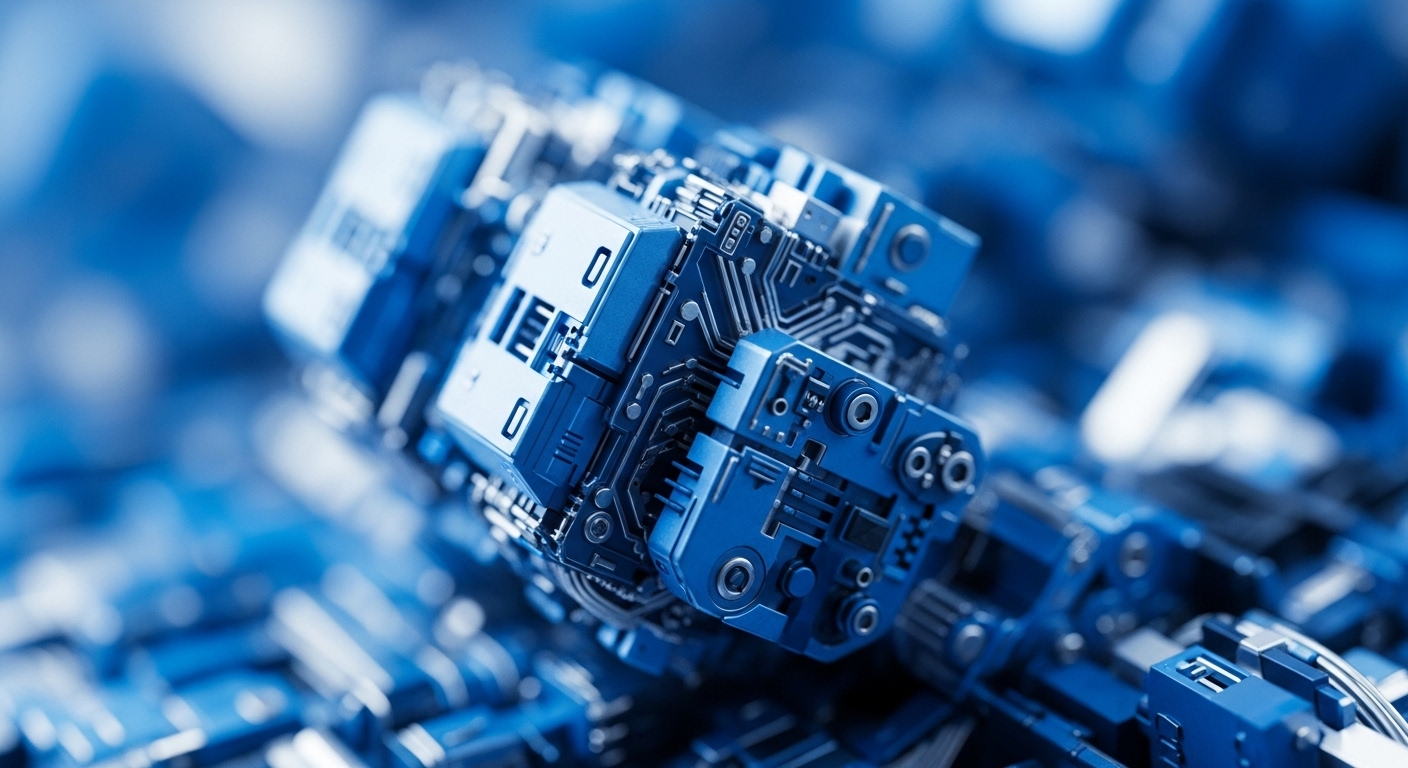 A detailed, futuristic structure composed of interlocking blue and silver mechanical or circuit-like components fills the frame, with sharp focus on the central intricate pieces and a blurred background. The elements display complex etched patterns, resembling printed circuit boards, and some bear numerical markings like '0' and 'E', suggesting a highly engineered system