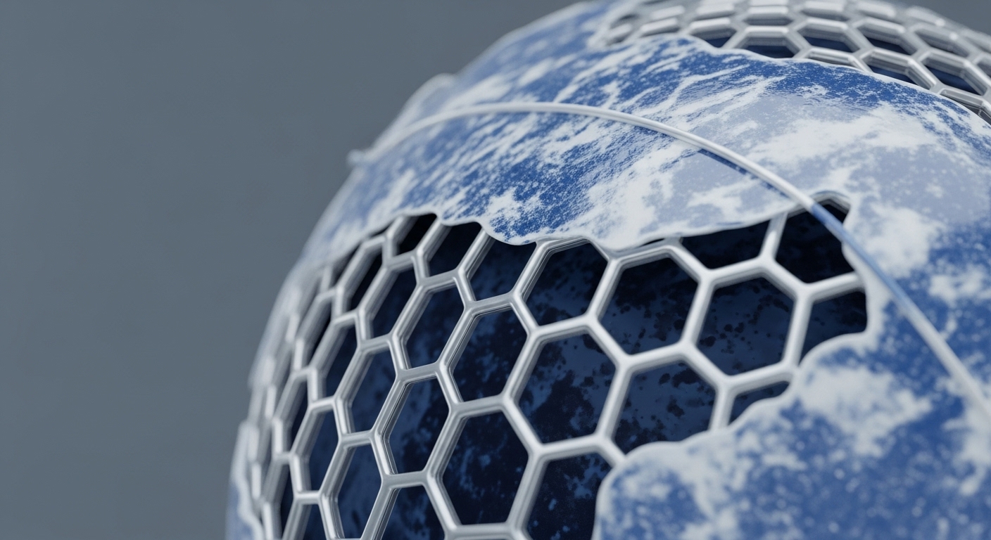 A spherical object displays a detailed hexagonal grid structure partially covered by a textured, icy blue layer, with a thin white line traversing its surface. This intricate visual metaphor encapsulates advanced blockchain architecture and its underlying node infrastructure, representing the foundational elements of a decentralized network