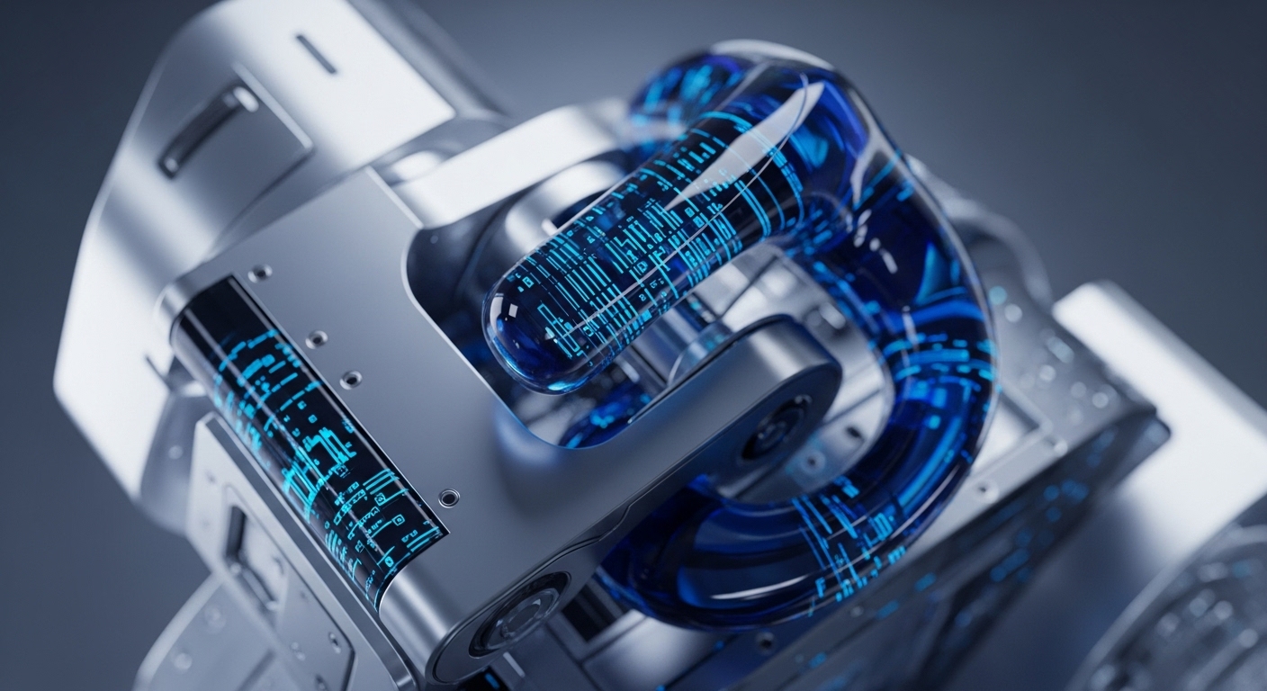 A sophisticated metallic apparatus showcases transparent conduits illuminating vibrant blue digital data streams. This advanced blockchain architecture visualizes cryptographic hash functions facilitating secure transaction validation across a decentralized ledger technology. Intricate patterns within the transparent tubes represent real-time smart contract execution and data immutability within a distributed network. The design emphasizes efficient protocol layer operations and potential scalability solutions for future digital asset infrastructure, illustrating complex consensus mechanisms.