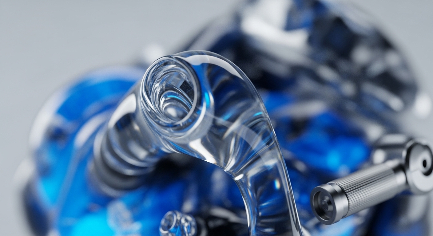 The image showcases a detailed view of a transparent, glass-like structure, illuminated by a deep blue light, forming an intricate, spiraling conduit. A metallic, finely grooved cylindrical component is visible on the right