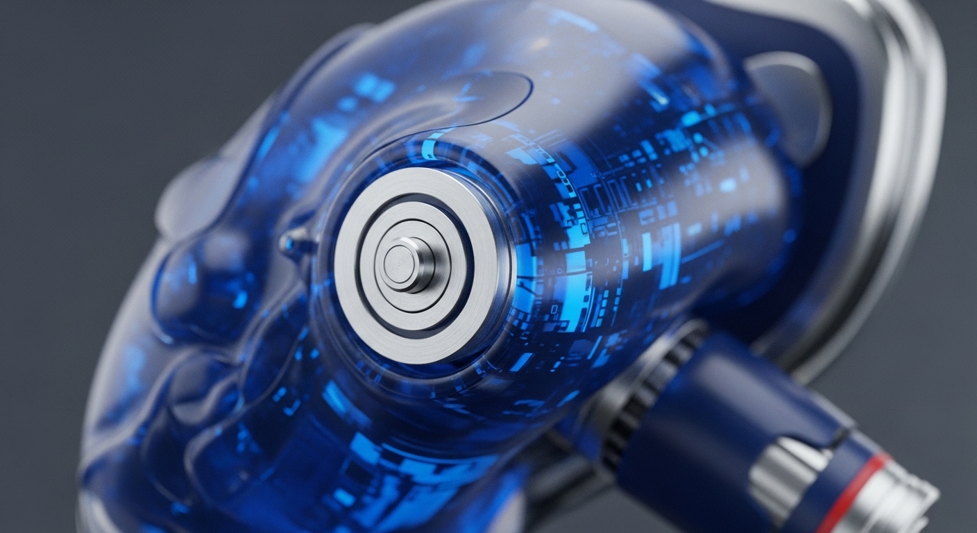 A close-up view reveals a futuristic, translucent blue device with internal glowing circuit patterns. A prominent metallic, concentric circular component is centered, suggesting a high-tech sensor or connection point