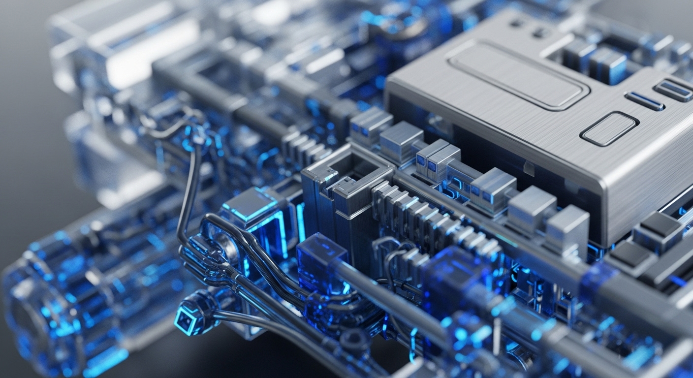 The image presents a detailed, close-up view of a complex, futuristic digital mechanism, characterized by brushed metallic components and translucent elements illuminated with vibrant blue light. Interconnecting wires and structural blocks form an intricate network, suggesting data flow and processing within a sophisticated system