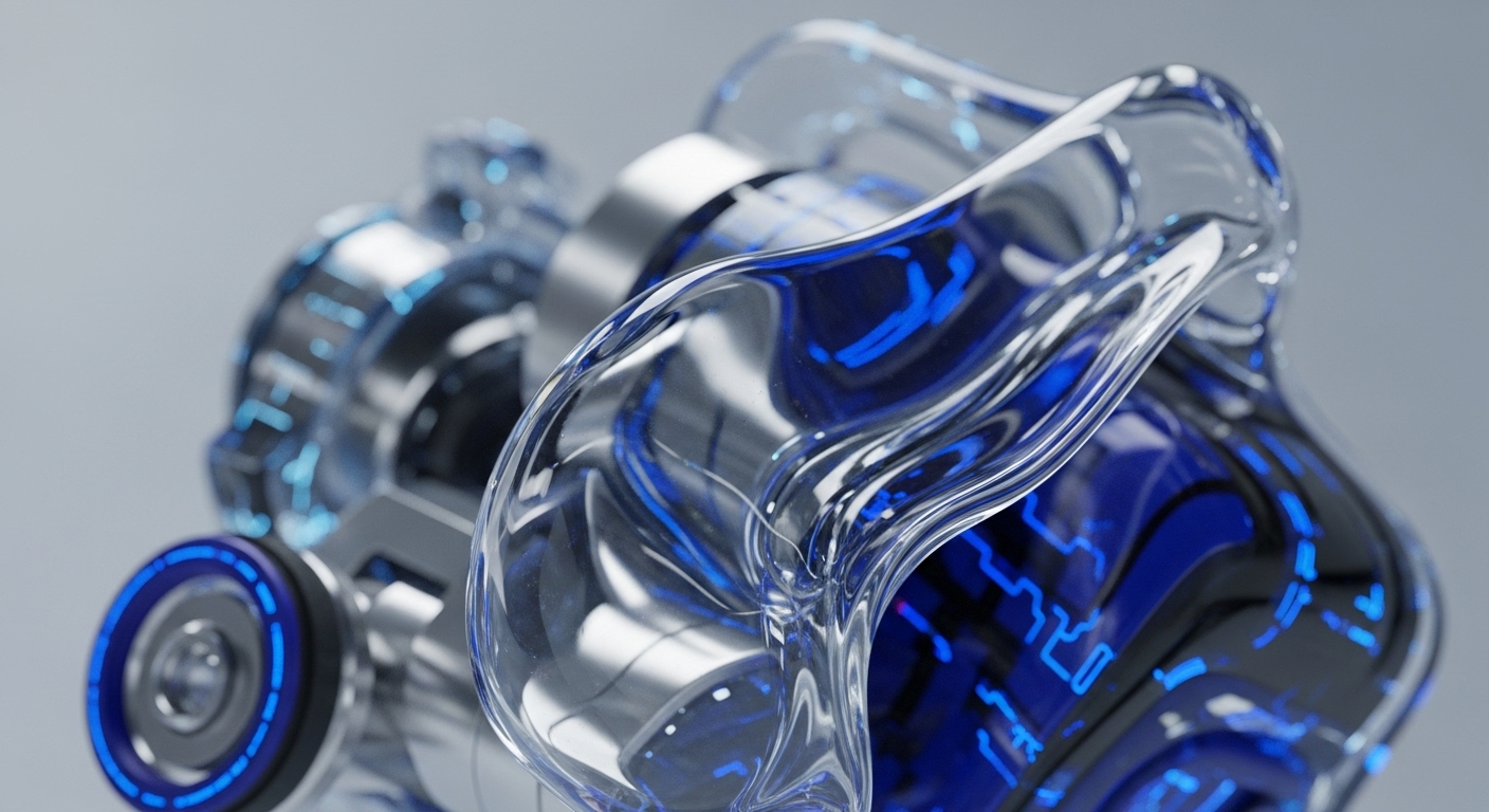 The image displays a futuristic, abstract technological assembly with transparent, undulating elements and metallic components. Bright blue glowing lines, resembling circuit traces, illuminate the internal structure