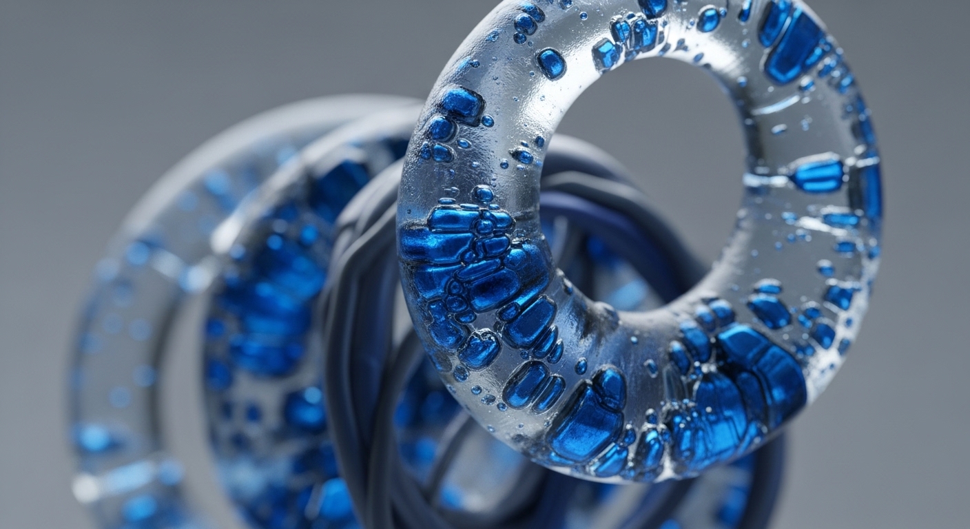 Clear, intertwined toroidal structures with embedded metallic blue fragments form a complex visual representation. Darker, intertwined elements in the background add depth to this abstract composition
