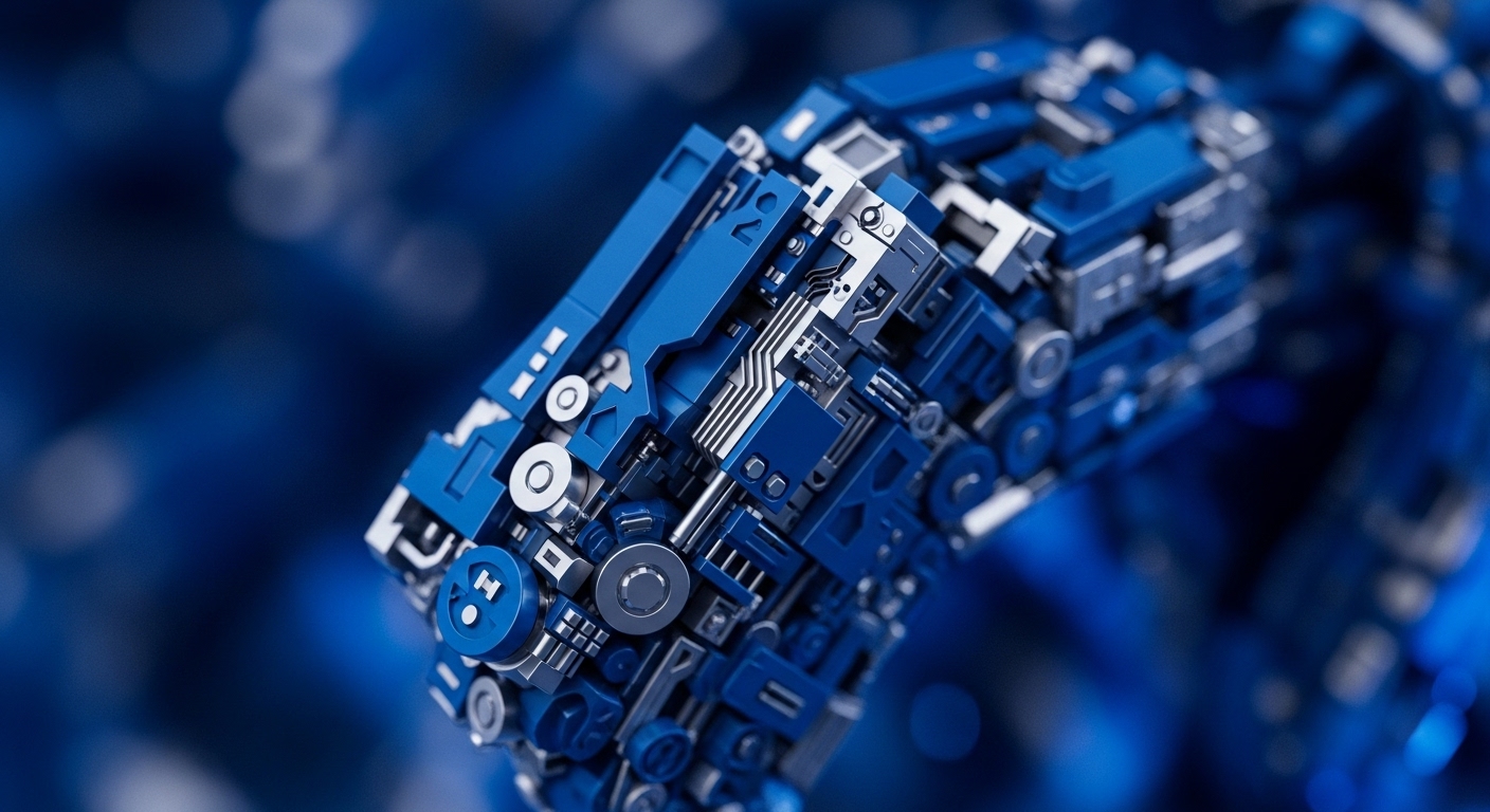 The image displays a close-up of a complex, three-dimensional mechanical or digital structure, predominantly in shades of deep blue and metallic silver, against a blurred blue background with soft bokeh lights. This intricate assembly features numerous interlocking panels, gears, and circuit-like patterns, suggesting advanced technological components