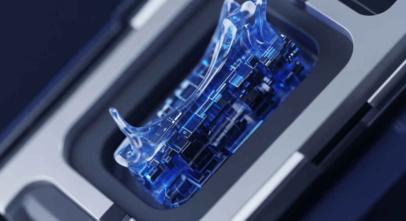 A translucent, blue, fluid-like structure, containing intricate glowing digital patterns, is securely nestled within a metallic, geometric housing. The dynamic blue light illuminates the internal complexity, suggesting active processing within a contained environment