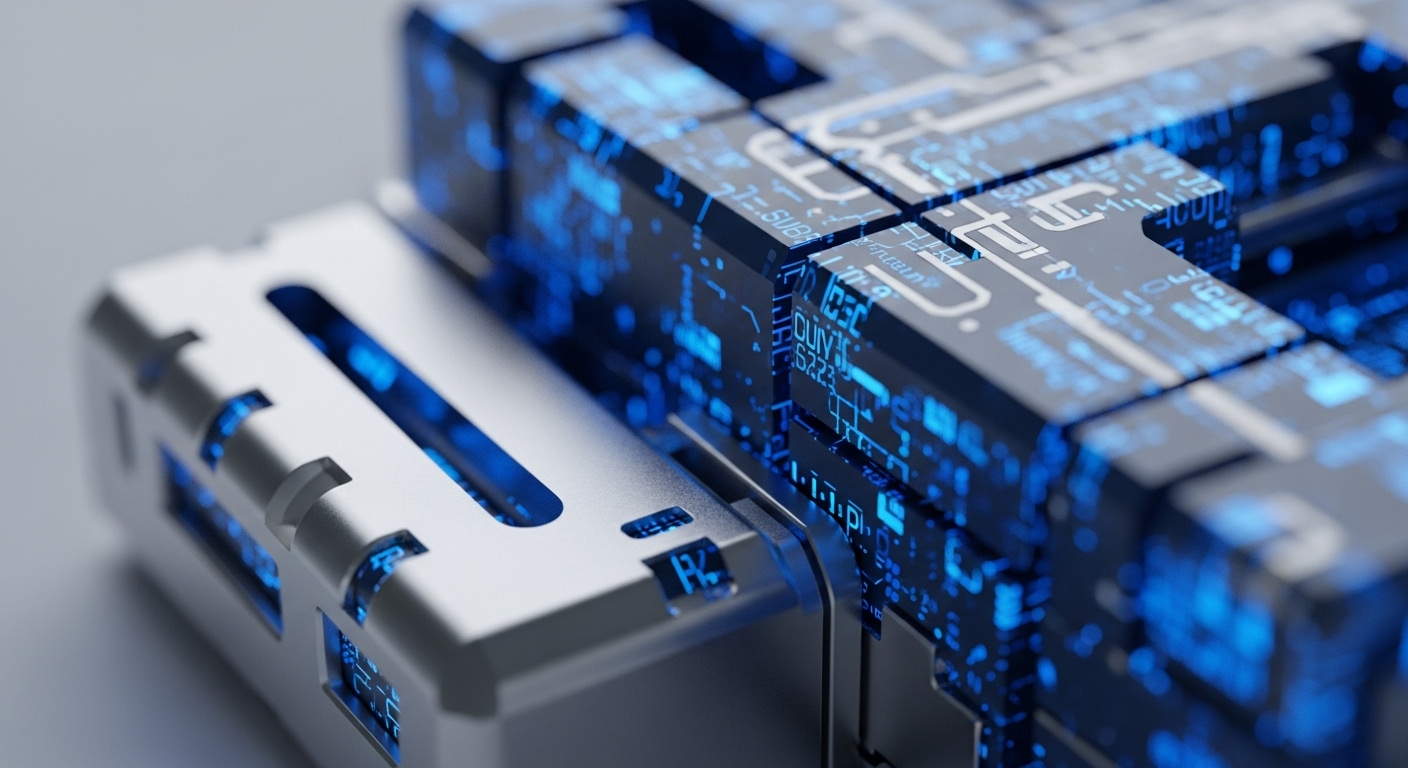 A close-up perspective showcases a futuristic modular electronic device, featuring a silver-grey component with illuminated blue internal elements connected to darker, block-like units that also glow with intricate blue digital patterns. These patterns include circuit traces, alphanumeric characters, and abstract data visualizations, suggesting complex internal processing