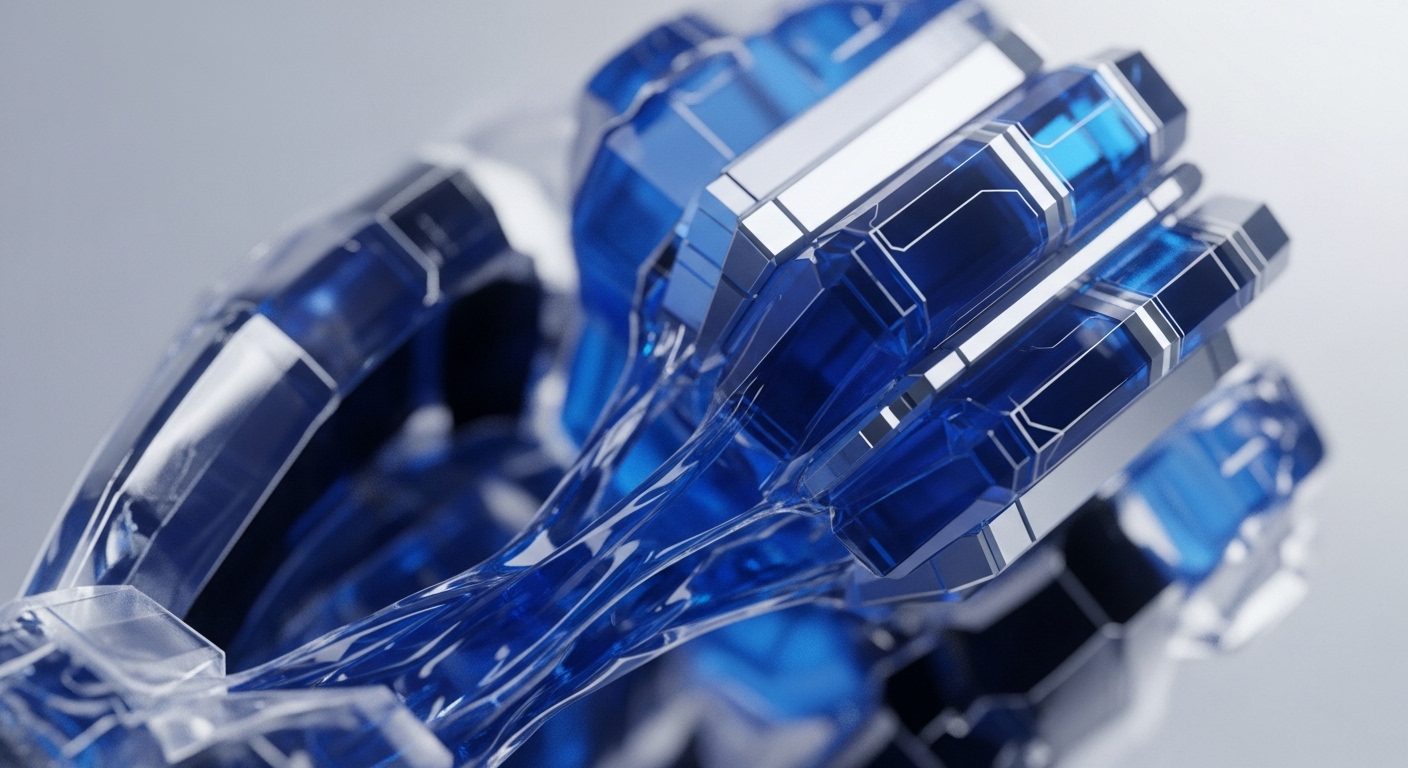 Intricate transparent and deep blue geometric structures depict a sophisticated digital infrastructure. Clear conduits guide luminous blue streams, symbolizing dynamic on-chain data or transaction throughput within a decentralized ledger. These interconnected components evoke blockchain architecture, highlighting secure channels facilitating cryptographic operations. The precise, angular design reflects algorithmic transparency and robust Web3 protocol engineering. Elements resemble network nodes or validator components, emphasizing distributed systems underpinning digital assets and smart contract execution, illustrating complex interoperability for scalable blockchain solutions.