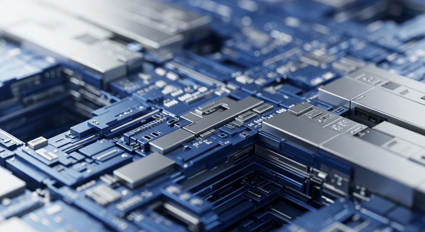 A detailed, close-up perspective of advanced computing hardware, showcasing intricate blue circuit traces and numerous metallic silver components. The shallow depth of field highlights the central processing elements, blurring into the background and foreground