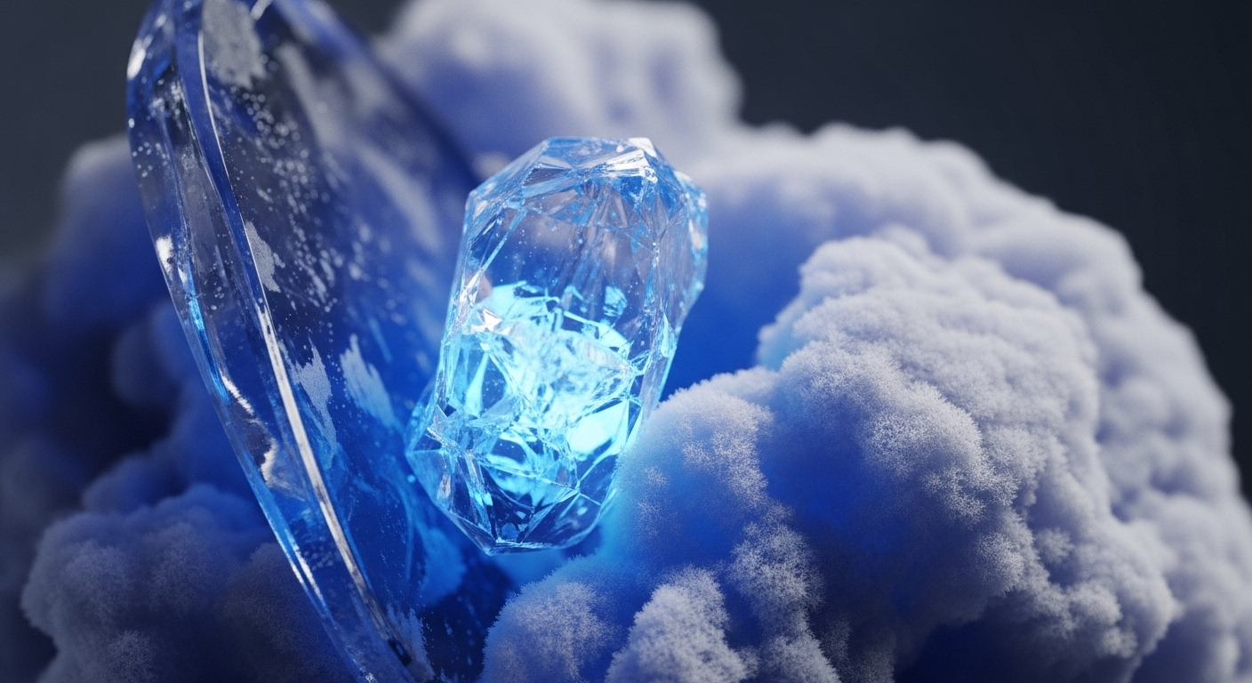 A glowing blue faceted crystal, possibly a digital asset or non-fungible token NFT, emerges from soft white cloud-like textures. This visual metaphor highlights the intrinsic value of a blockchain token. The crystal's luminescence suggests active network participation, perhaps proof-of-stake validation or a genesis block. Surrounding elements could represent data liquidity pools or decentralized autonomous organization DAO governance. The intricate structure signifies cryptographic security and immutable ledger integrity within Web3 infrastructure.