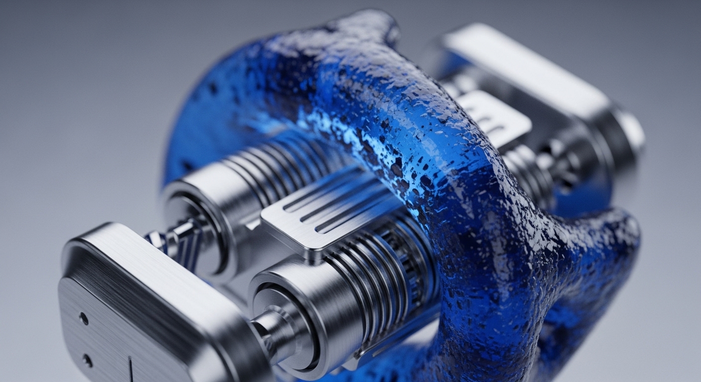 Intricate metallic components, resembling sophisticated mining rig or validator node hardware, are partially enveloped by a vibrant, textured, translucent blue substance. This visual metaphor illustrates advanced liquid cooling systems crucial for maintaining optimal hash rate and transaction processing efficiency within a decentralized network. The robust engineering signifies the foundational computational power supporting blockchain scalability and smart contract execution. The dynamic blue texture represents the fluid flow of digital assets or energy consumption within a consensus mechanism, emphasizing protocol integrity.