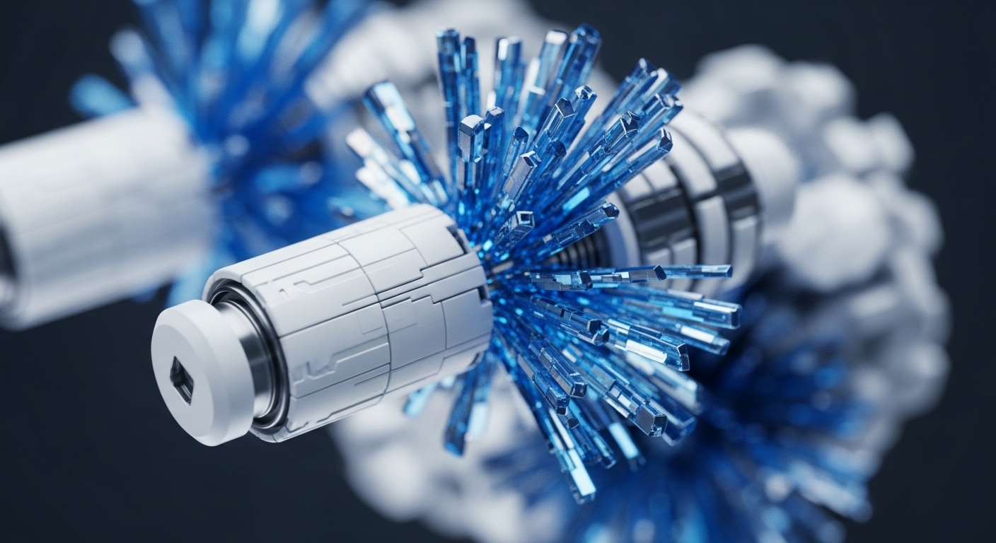 A sophisticated white and metallic cylindrical apparatus anchors a radiant burst of blue, translucent hexagonal crystals that extend dynamically outward. This intricate formation suggests a core processing unit actively generating or disseminating structured data elements