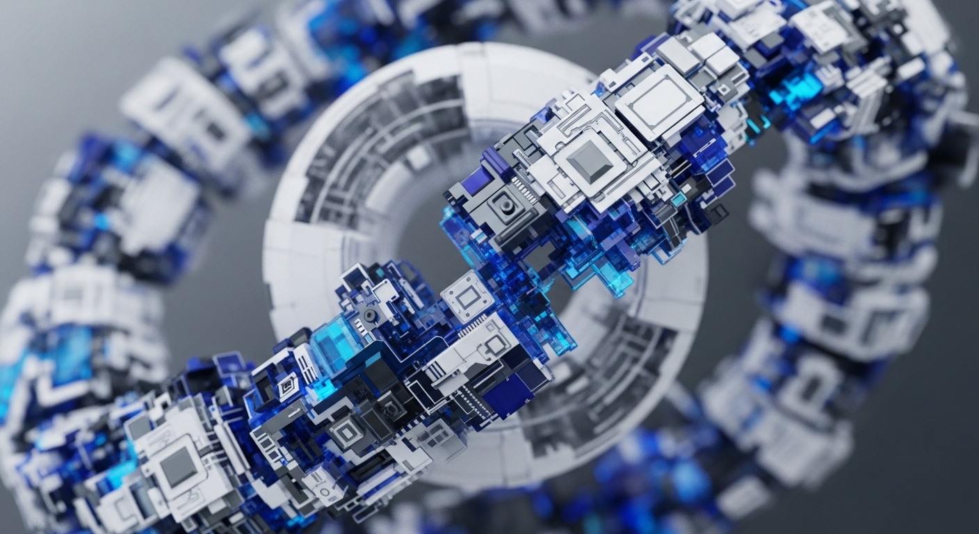 The image displays an intricate, ring-shaped arrangement of interconnected digital modules. These white and gray block-like components feature glowing blue sections, suggesting active data transfer within a complex system