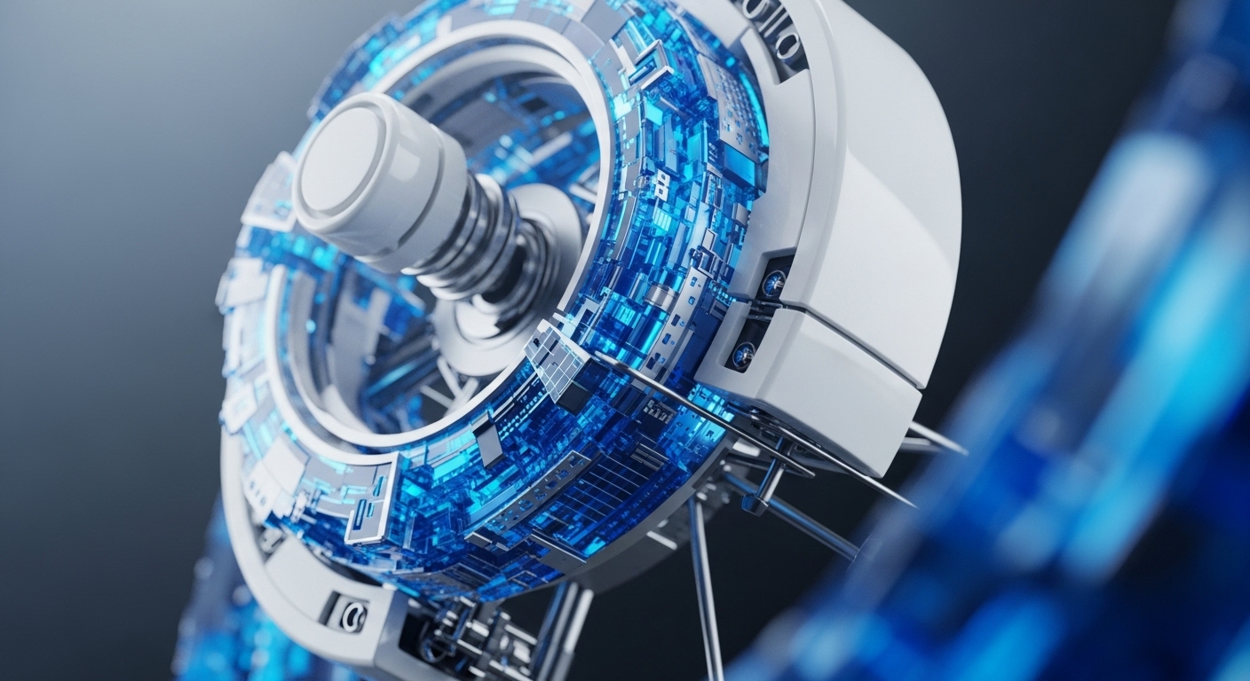 A highly detailed, futuristic circular mechanism with intricate glowing blue circuits and polished white and silver metallic components is prominently displayed, angled dynamically against a muted background. A central cylindrical element extends through the core, surrounded by layers of interconnected, illuminated digital pathways