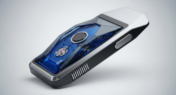 A sleek, silver and black hardware module showcases intricate internal mechanisms through a transparent blue chassis. Visible components include a central control button and a precision-engineered balance wheel, reminiscent of a cryptographic primitive operating within a secure enclave. This design visually interprets the robust engineering of a dedicated node validator or a cold storage device, emphasizing the immutability and transparent execution inherent in distributed ledger technology. The visible mechanics symbolize the underlying consensus mechanism securing digital assets.