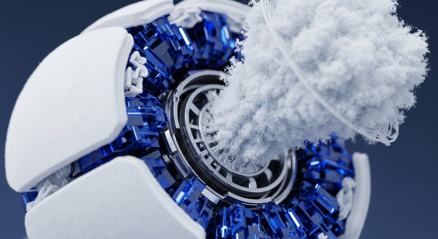 A complex spherical device, featuring a white outer shell and vibrant blue internal components, expels a dense cloud of white particles from its central core. The intricate metallic mechanism at its heart is clearly visible, driving this energetic expulsion