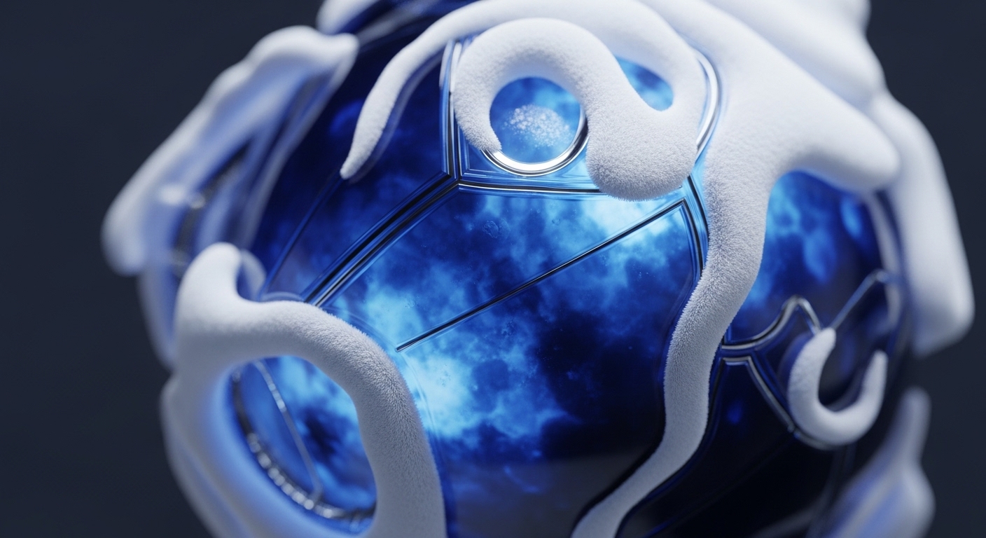 A vibrant blue spherical core, segmented by metallic lines, radiates intense internal energy resembling a decentralized data stream or transaction flow. This blockchain core is partially enveloped by soft, white, organic-like structures, symbolizing protocol layers and network security