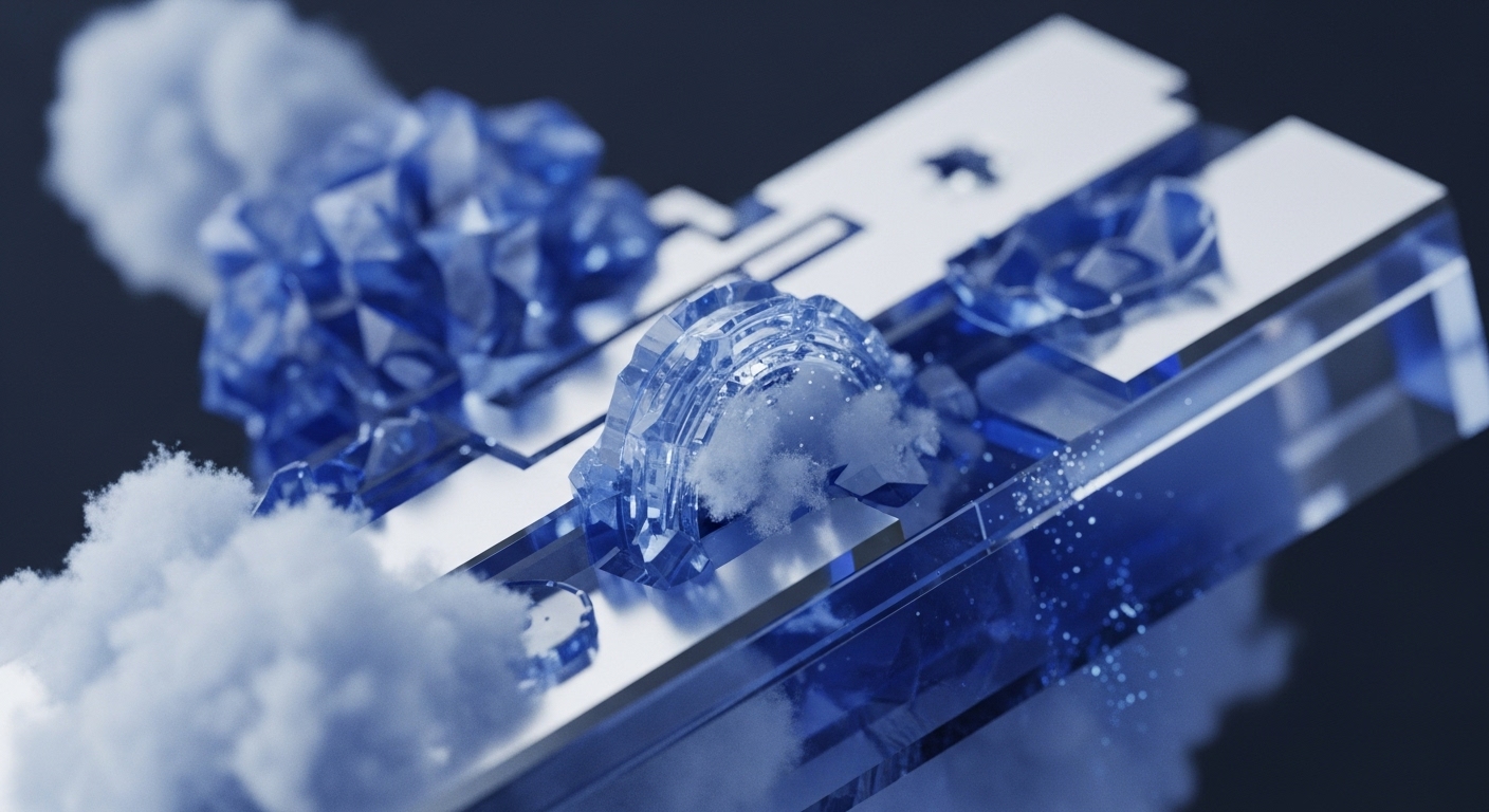 The image displays an array of faceted blue crystalline forms and soft white vaporous elements situated on a highly reflective, metallic-like surface. These structures are arranged in a linear, architectural fashion, with some appearing to emit fine, sparkling particles, suggesting dynamic digital activity