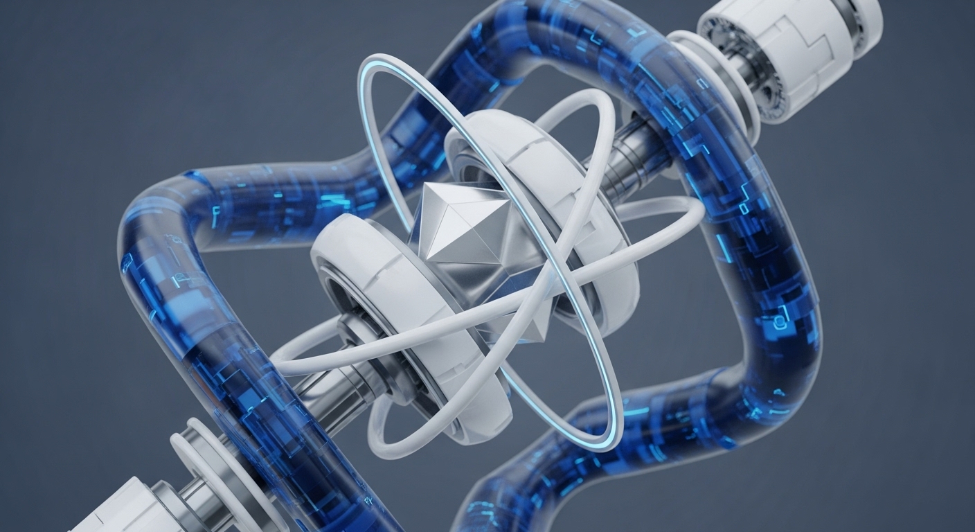 A detailed rendering displays a complex, abstract mechanical system featuring a central polished silver geometric object, appearing as a cryptographic primitive. Surrounding this core are white interlocking components and luminous rings, connected by translucent blue conduits carrying bright digital data packets, symbolizing transaction data