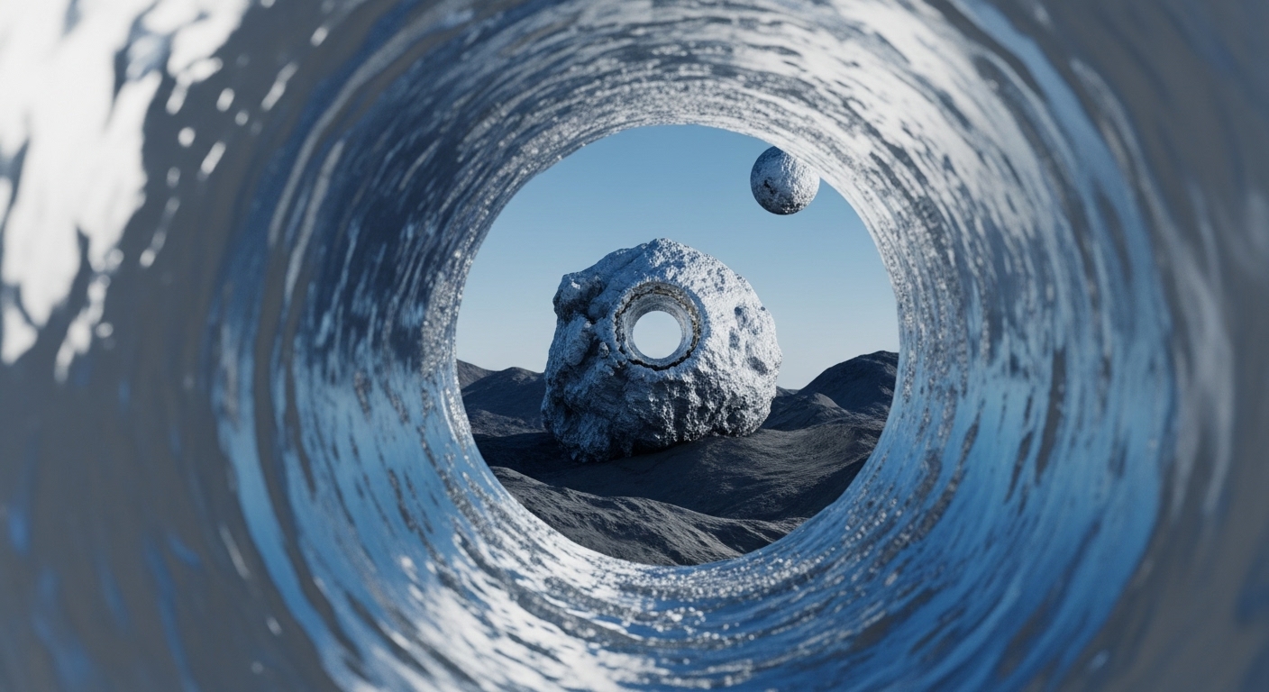 A reflective, metallic tunnel frames a desolate, grey landscape under a clear sky, revealing a large, textured boulder with a central circular aperture and a smaller floating sphere. This depicts a decentralized infrastructure pathway, a cross-chain bridge or data pipeline, leading to a validator node. The boulder, a cryptographic primitive or secure enclave, features a token gate or zero-knowledge proof ZKP. The sphere represents a layer-2 solution or oracle network integrating with the base layer protocol for interoperability and transaction finality in a Web3 ecosystem.