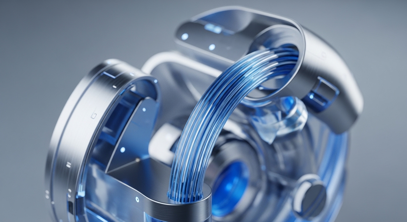 A highly detailed, close-up view reveals a sophisticated mechanical structure composed of brushed silver-toned metal and translucent, glowing blue components. Numerous thin, bright blue conduits emanate from a central metallic housing, extending towards other integrated sections of the device, creating a dynamic visual flow